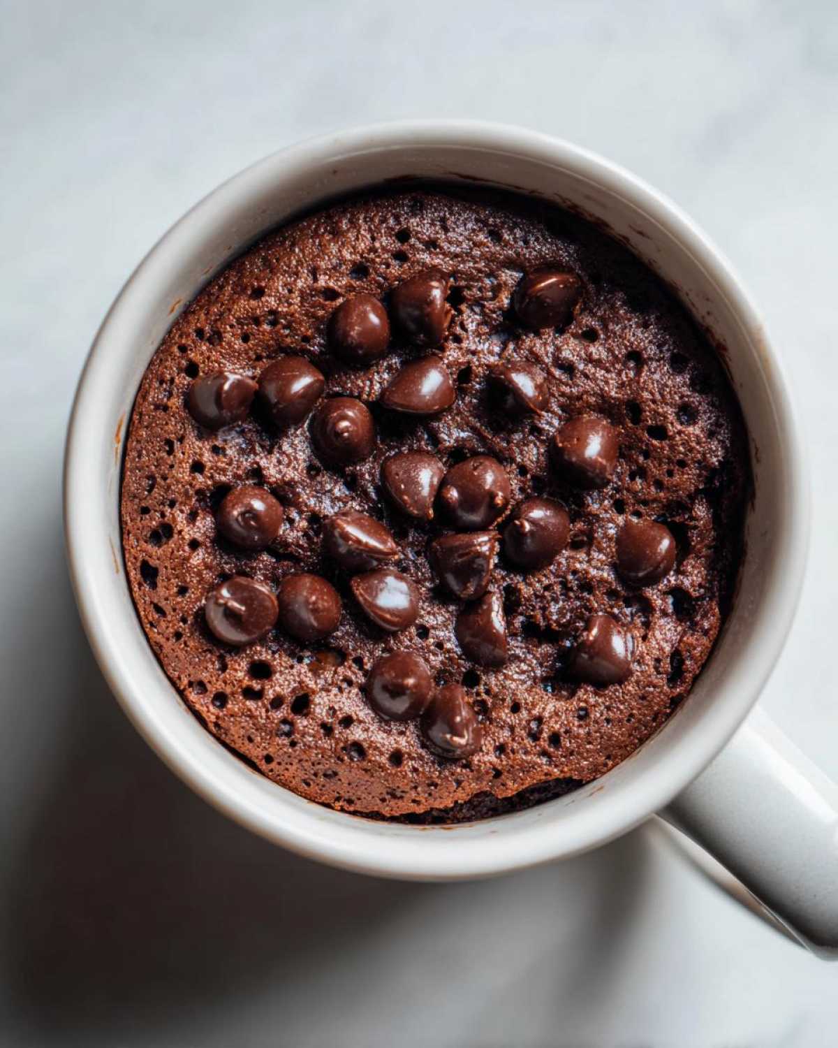 Overhead view of a rich, moist chocolate mug cake topped with melted chocolate chips.