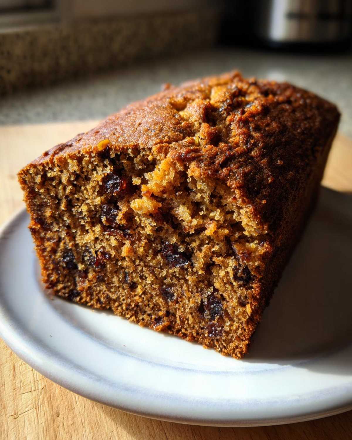A close-up view of a freshly baked, moist date nut bread loaf showing the rich texture and embedded raisins.