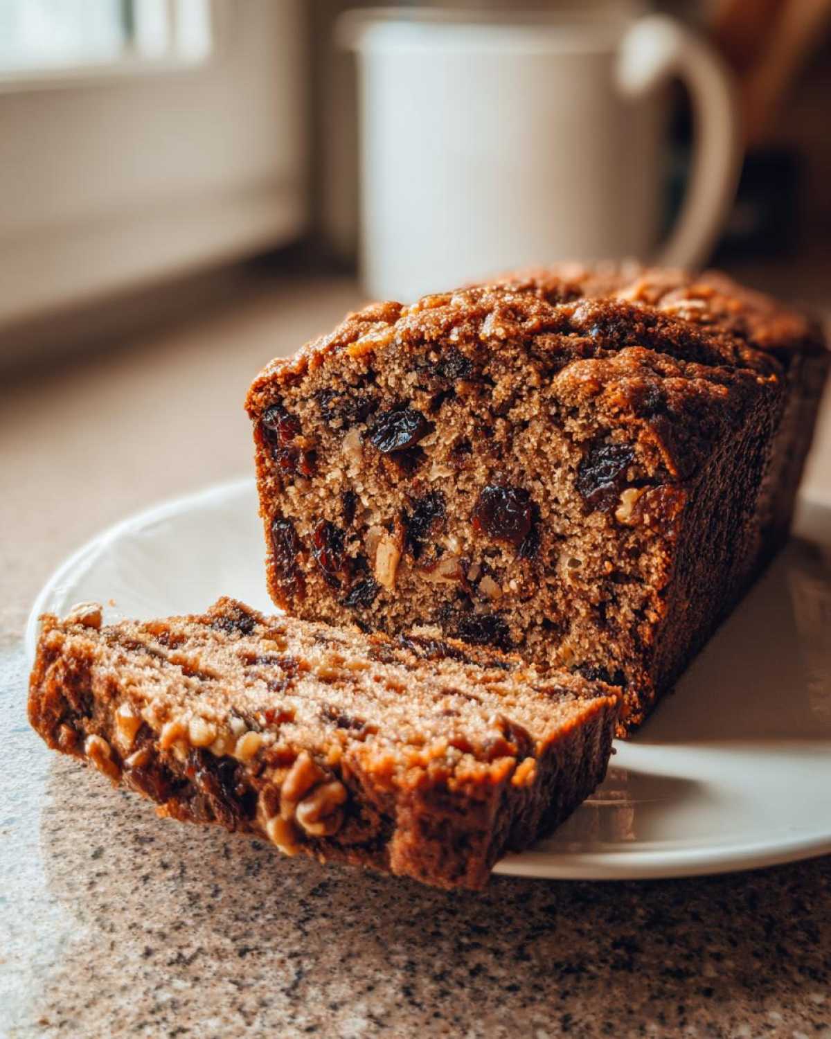 A close-up of a slice cut from a loaf of moist date nut bread, showing visible dates and walnuts.