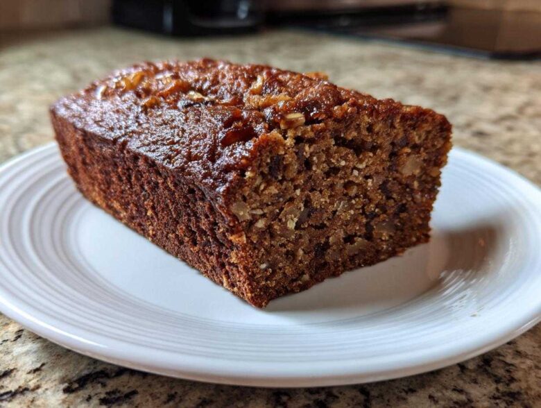 A close-up of a thick slice of rich, dark date nut bread with a glossy top, served on a white plate.