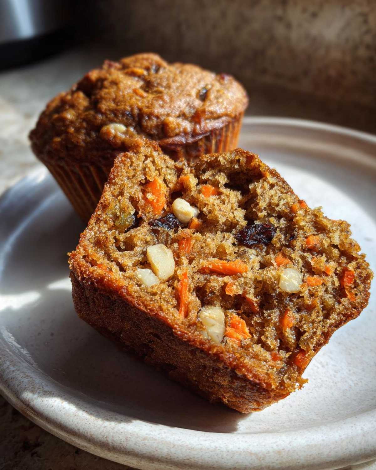 Close-up of a morning glory muffin cut in half showing moist crumb, shredded carrots, nuts, and raisins.
