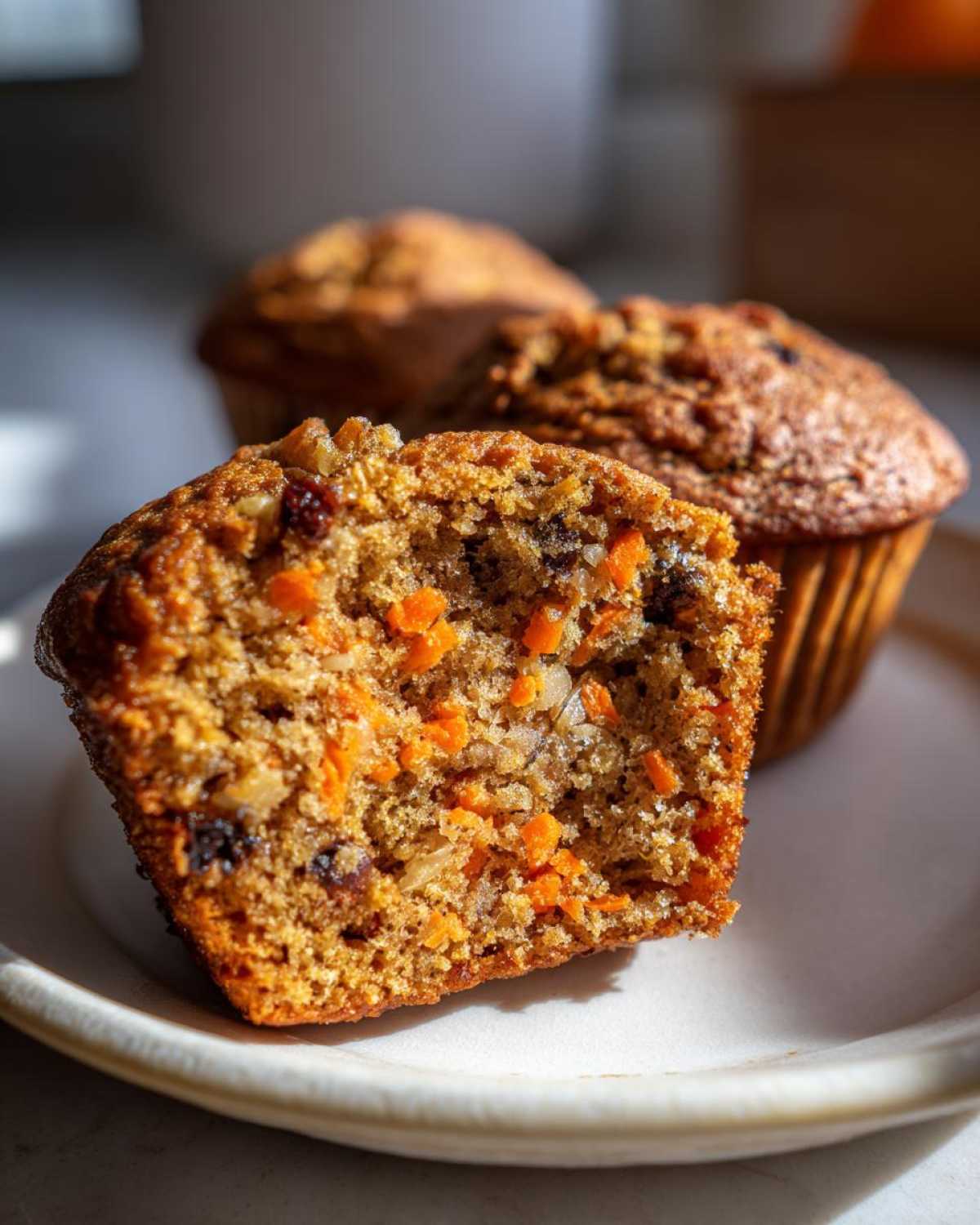 Cross-section view showing the moist texture and visible carrots in a morning glory muffin.