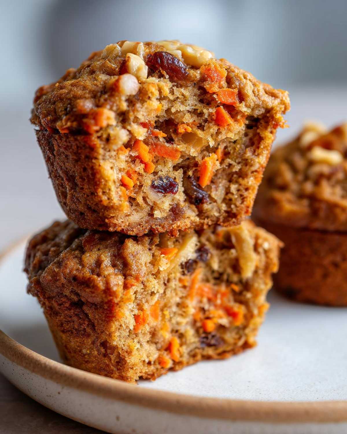 Close-up of two stacked morning glory muffins cut in half, showing moist texture, shredded carrots, raisins, and walnuts.