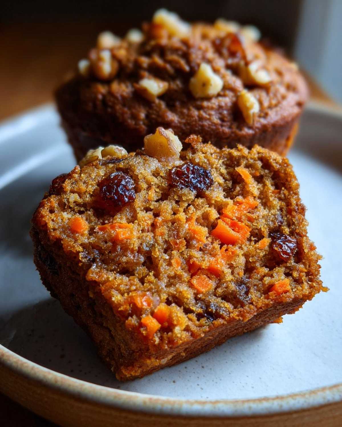Cross-section of a moist morning glory muffin showing shredded carrots, raisins, and walnuts inside.