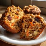 Close-up of a morning glory muffin split in half, showing moist texture, shredded carrots, nuts, and raisins inside.