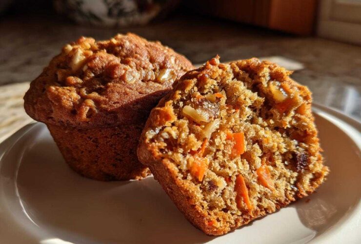 Close-up of two morning glory muffins, one cut in half showing moist texture, carrots, and nuts.