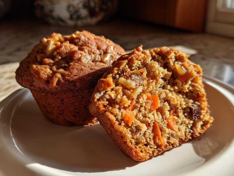 Close-up of two morning glory muffins, one cut in half showing moist texture, carrots, and nuts.