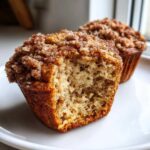 Close-up of a soft oatmeal muffins cut in half showing the moist interior and thick cinnamon streusel topping.