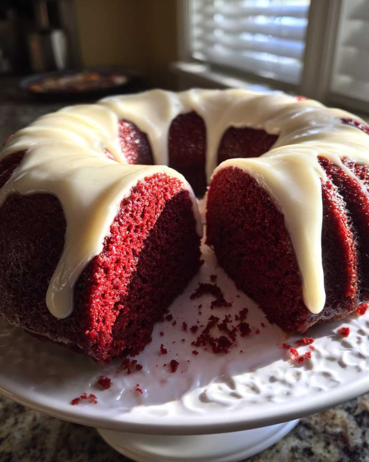A slice cut from a moist red velvet bundt cake topped with dripping white cream cheese glaze.