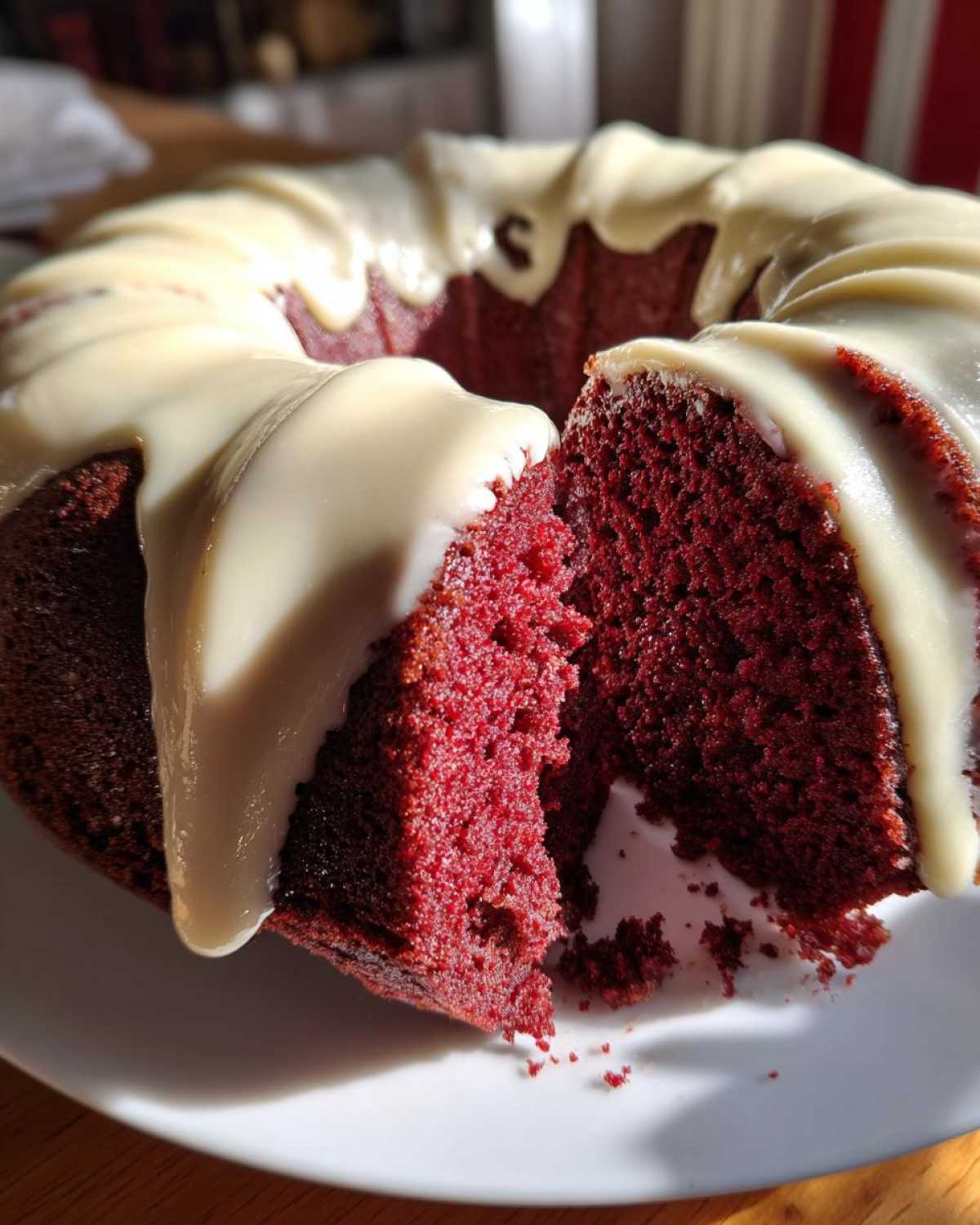 A close-up of a moist red velvet bundt cake with a thick, creamy white glaze dripping down the sides.