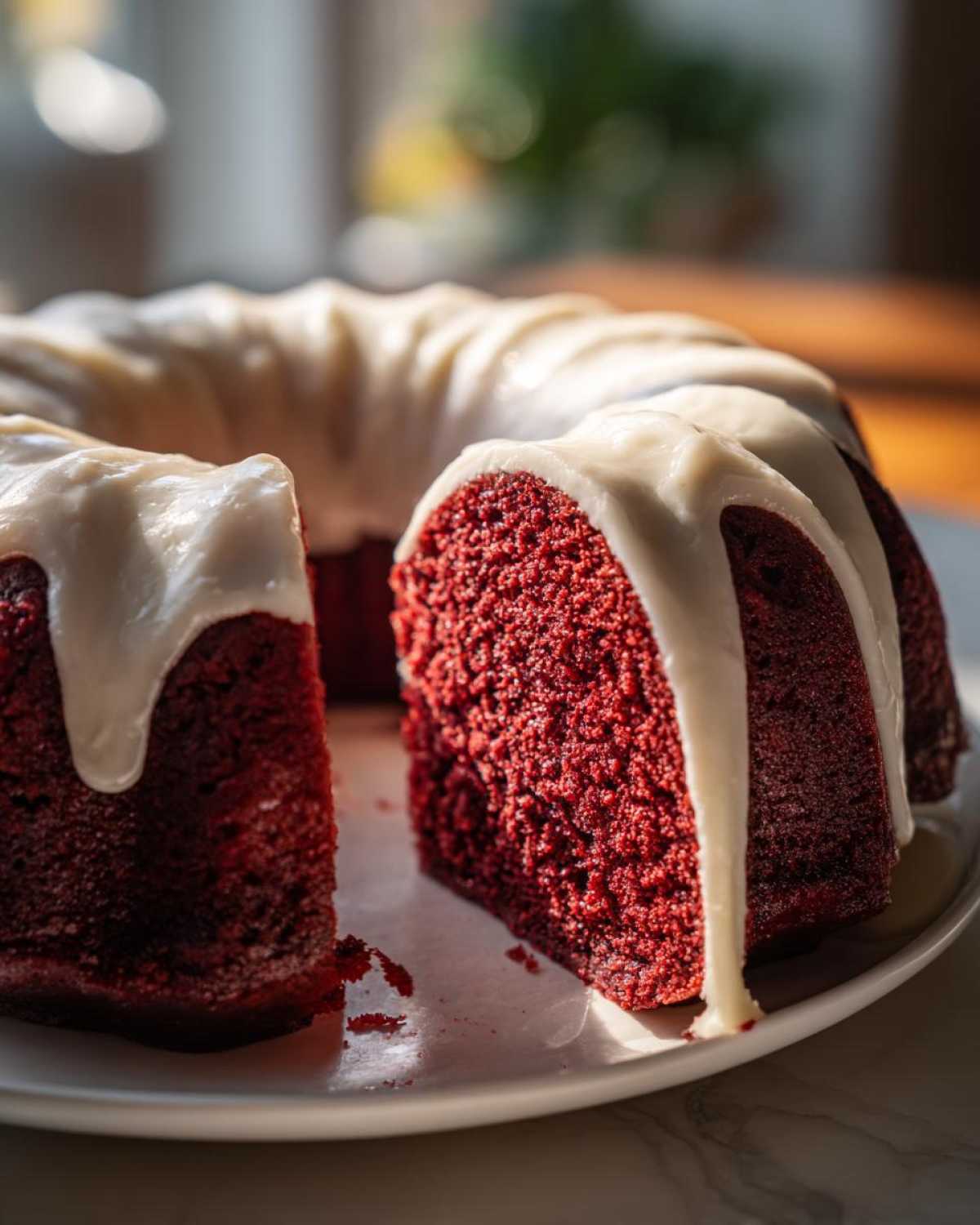 A slice cut from a moist red velvet bundt cake covered in thick white cream cheese glaze.