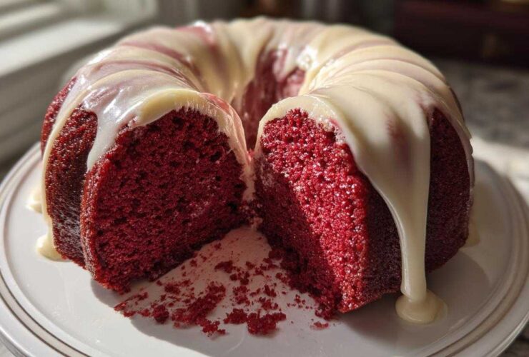 A moist red velvet bundt cake cut open, showing the deep red interior and thick white cream cheese glaze dripping down the sides.