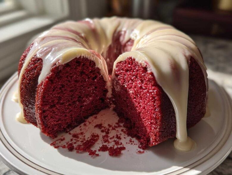A moist red velvet bundt cake cut open, showing the deep red interior and thick white cream cheese glaze dripping down the sides.