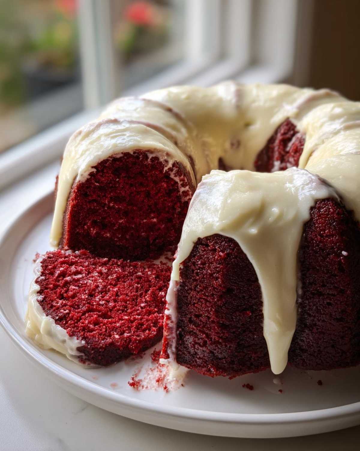 A moist red velvet bundt cake with a thick, dripping cream cheese glaze, one slice cut out.