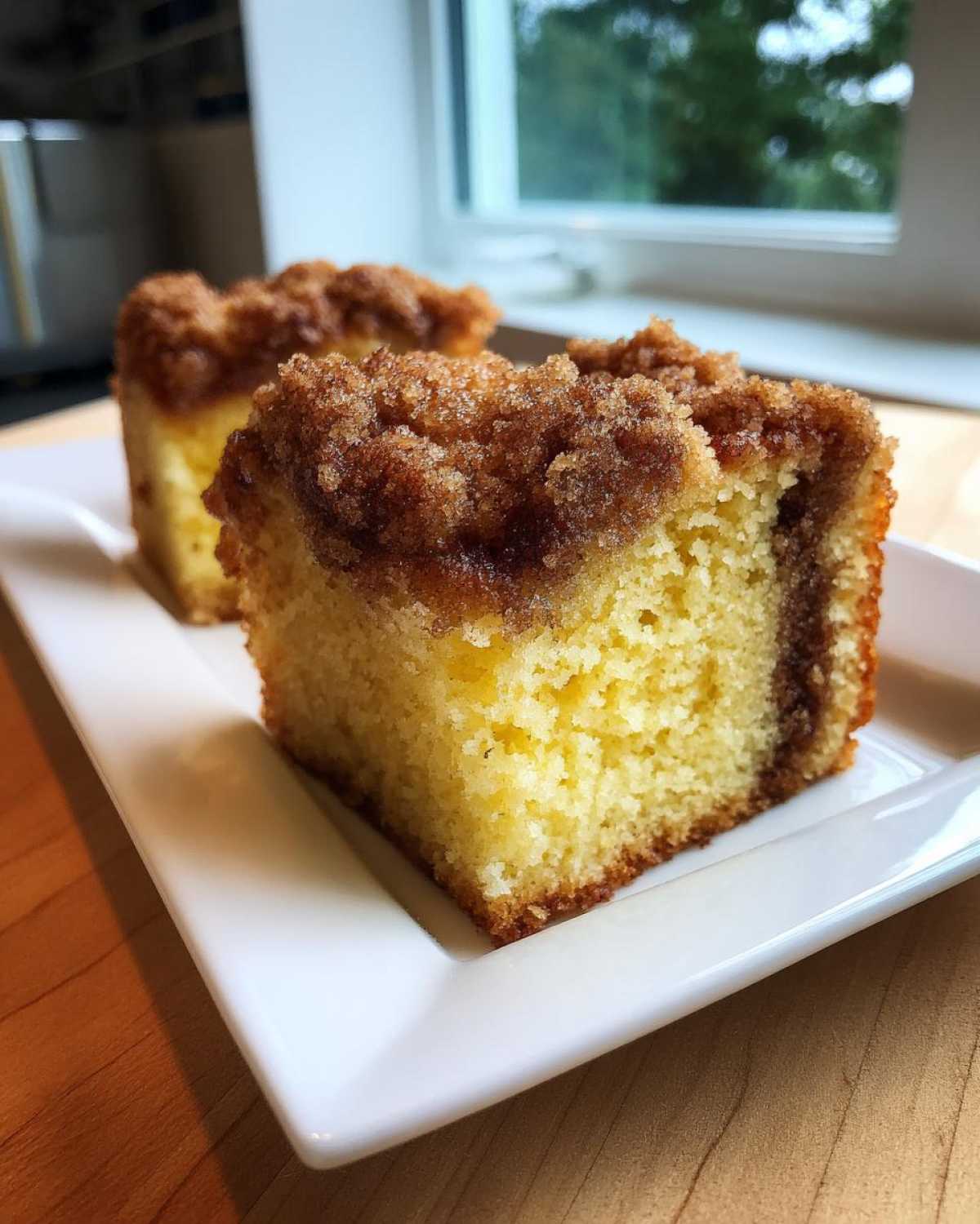 Close-up of a moist slice of sour cream coffee cake showing the yellow crumb and thick cinnamon streusel topping.