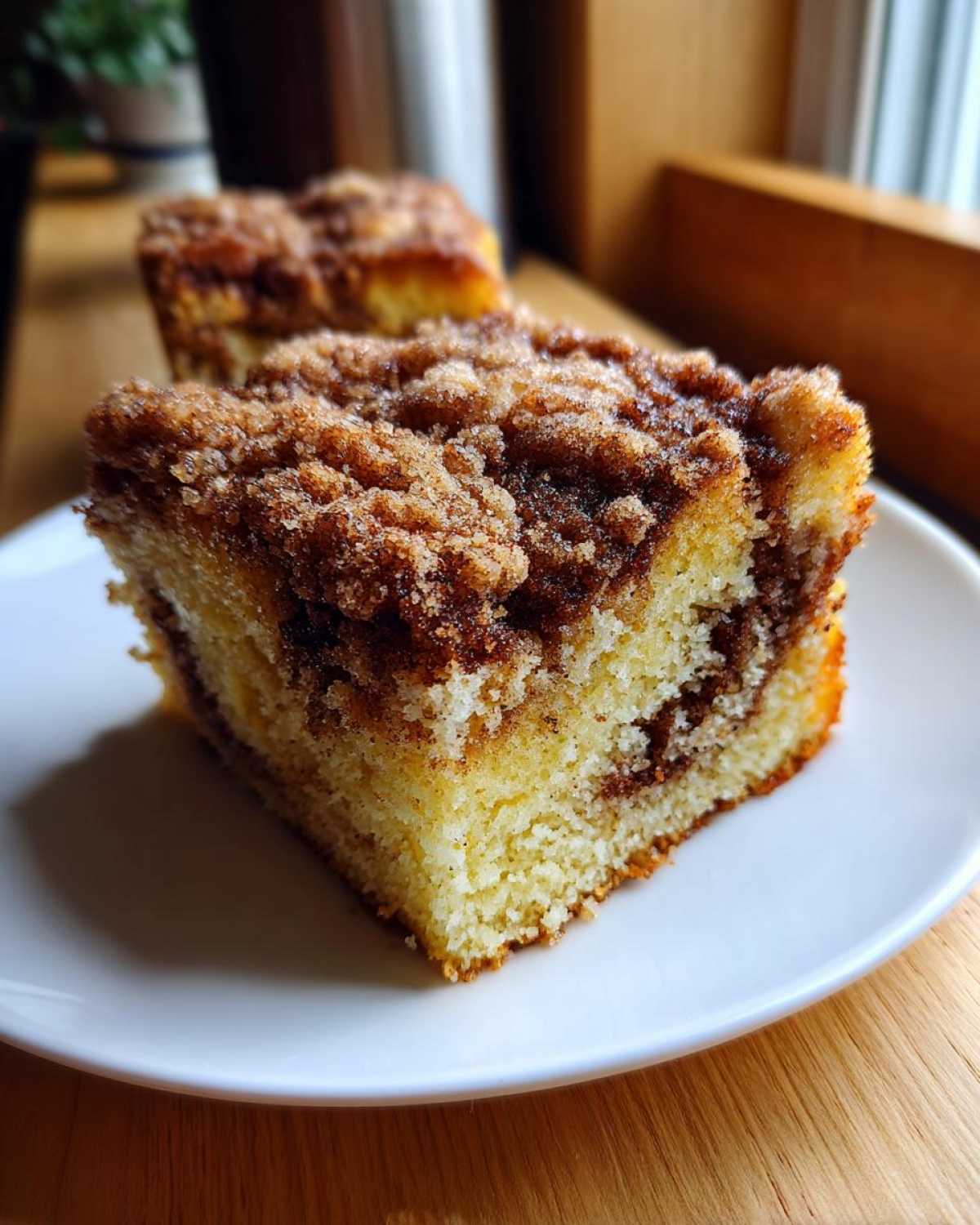 Close-up of a moist slice of sour cream coffee cake featuring a thick cinnamon streusel topping.
