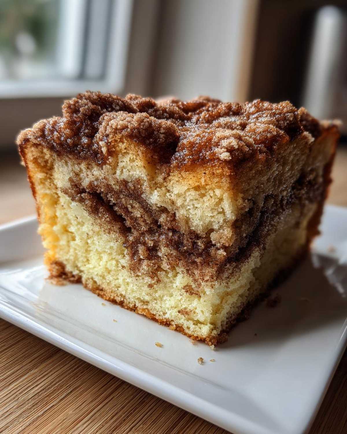 Close-up of a moist slice of sour cream coffee cake featuring a rich cinnamon swirl and thick crumbly streusel topping.