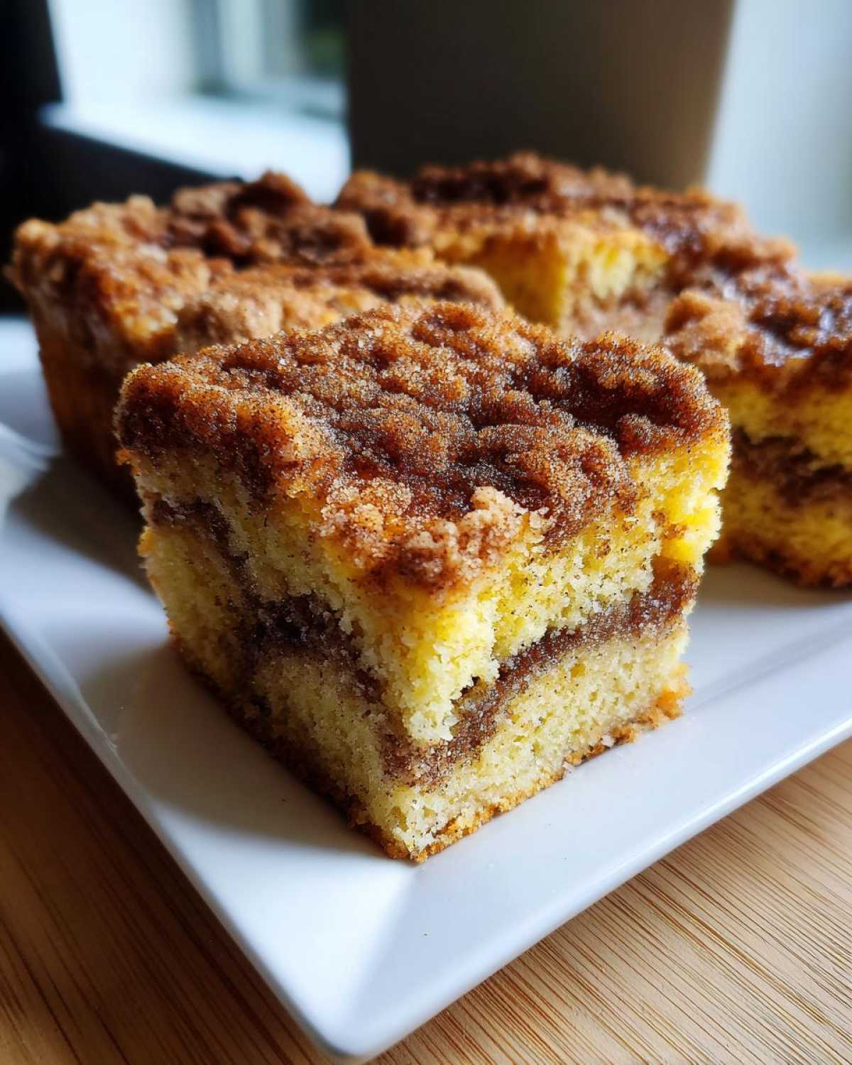 Close-up of a moist slice of sour cream coffee cake featuring a thick cinnamon swirl and crunchy brown sugar streusel topping.