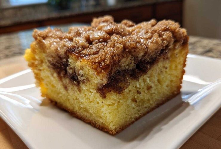 Close-up of a moist slice of sour cream coffee cake featuring a thick cinnamon streusel topping.