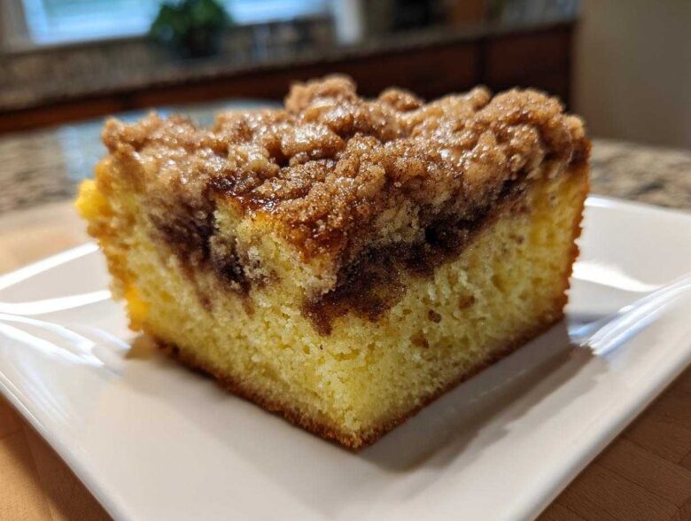 Close-up of a moist slice of sour cream coffee cake featuring a thick cinnamon streusel topping.