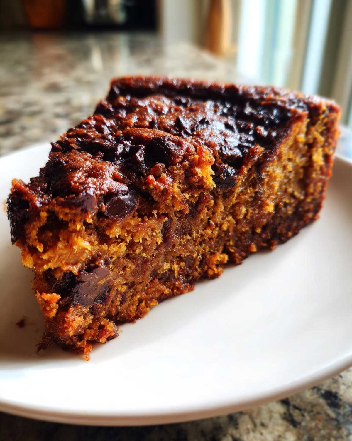 A close-up of a rich, moist slice of sweet potato brownies studded with dark chocolate chips, served on a white plate.