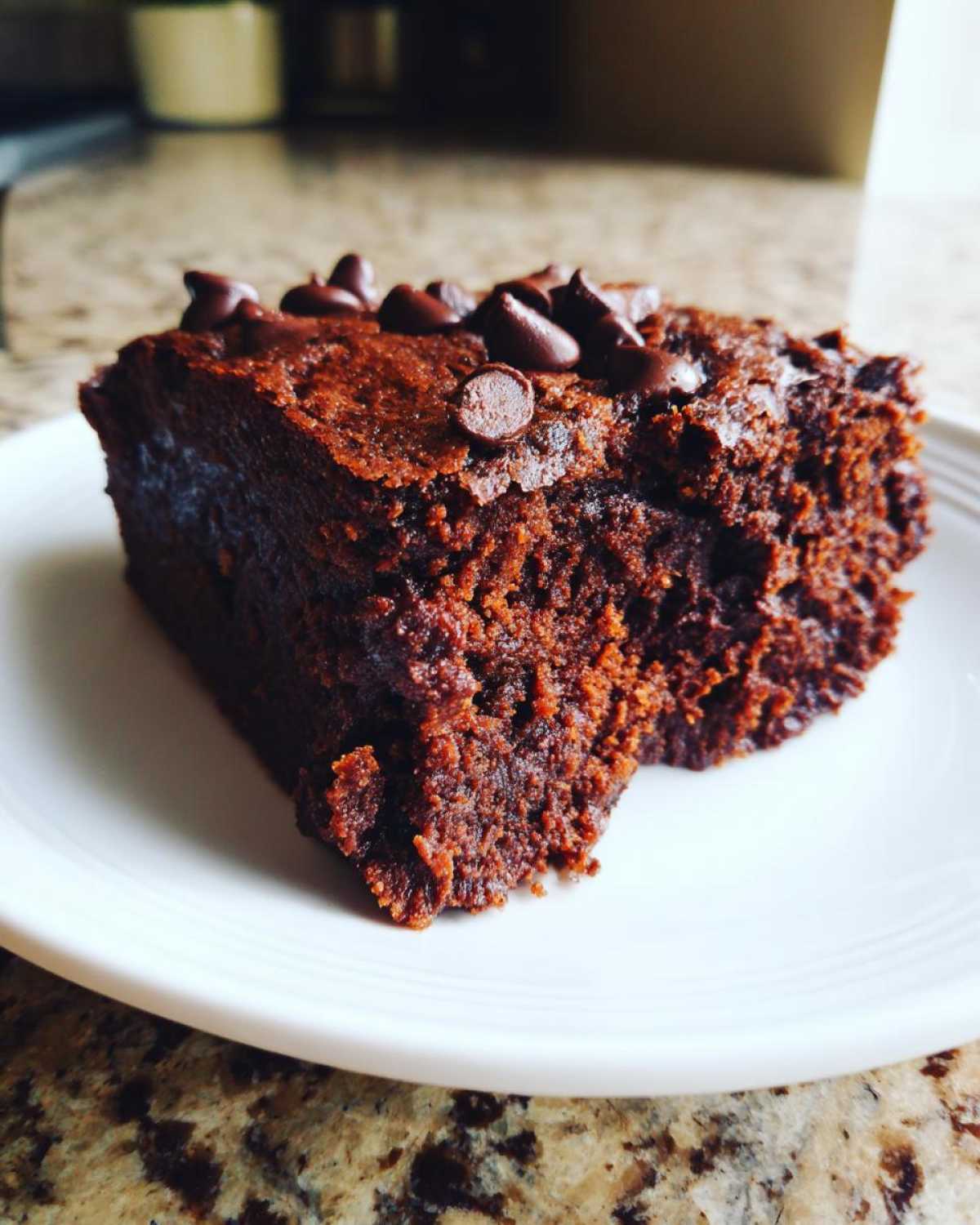 A close-up view of a rich, dark slice of sweet potato brownies topped with chocolate chips on a white plate.