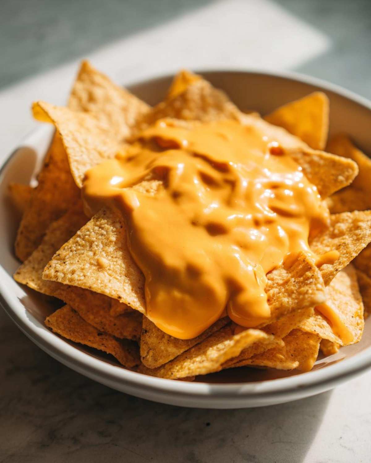 Close-up of tortilla chips generously covered in smooth, bright orange nacho cheese sauce in a white bowl.