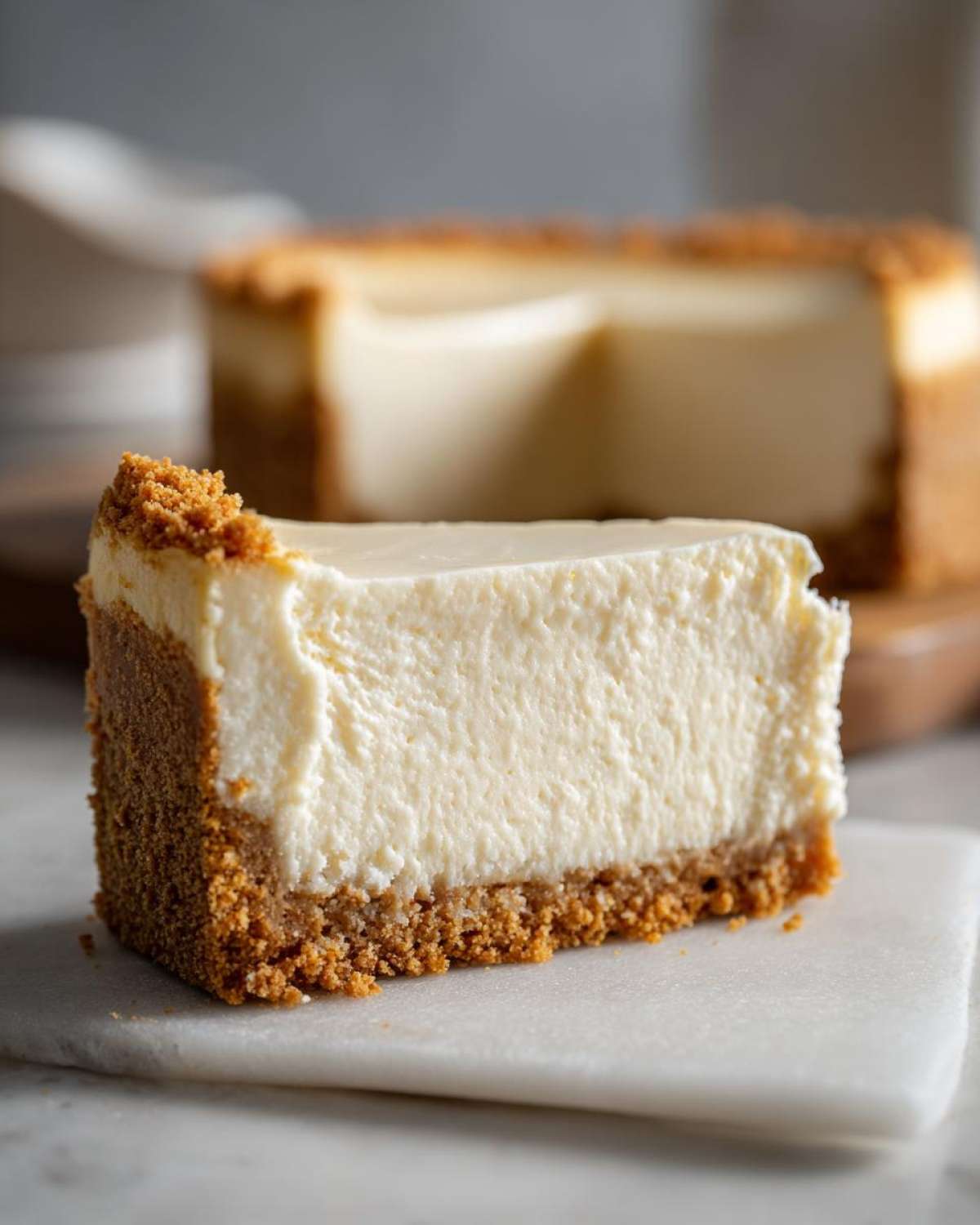 A thick, creamy slice of new york cheesecake resting on a white marble surface with the rest of the cake blurred in the background.