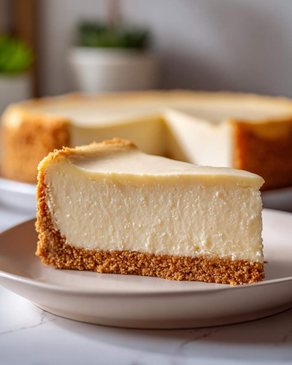 A thick slice of creamy new york cheesecake with a golden graham cracker crust on a plate.