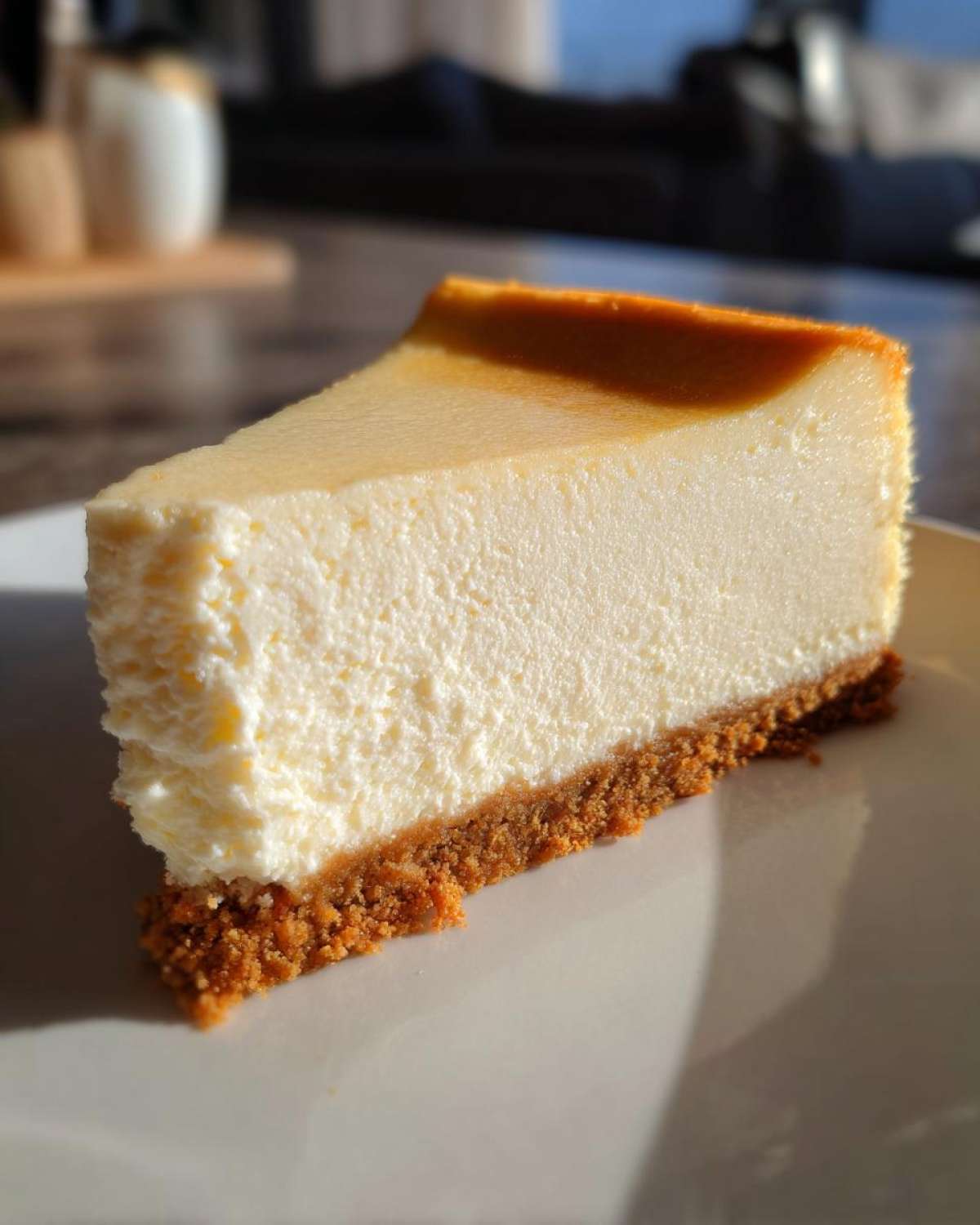 A close-up, sunlit slice of rich new york cheesecake showing a creamy white filling and thick graham cracker crust.