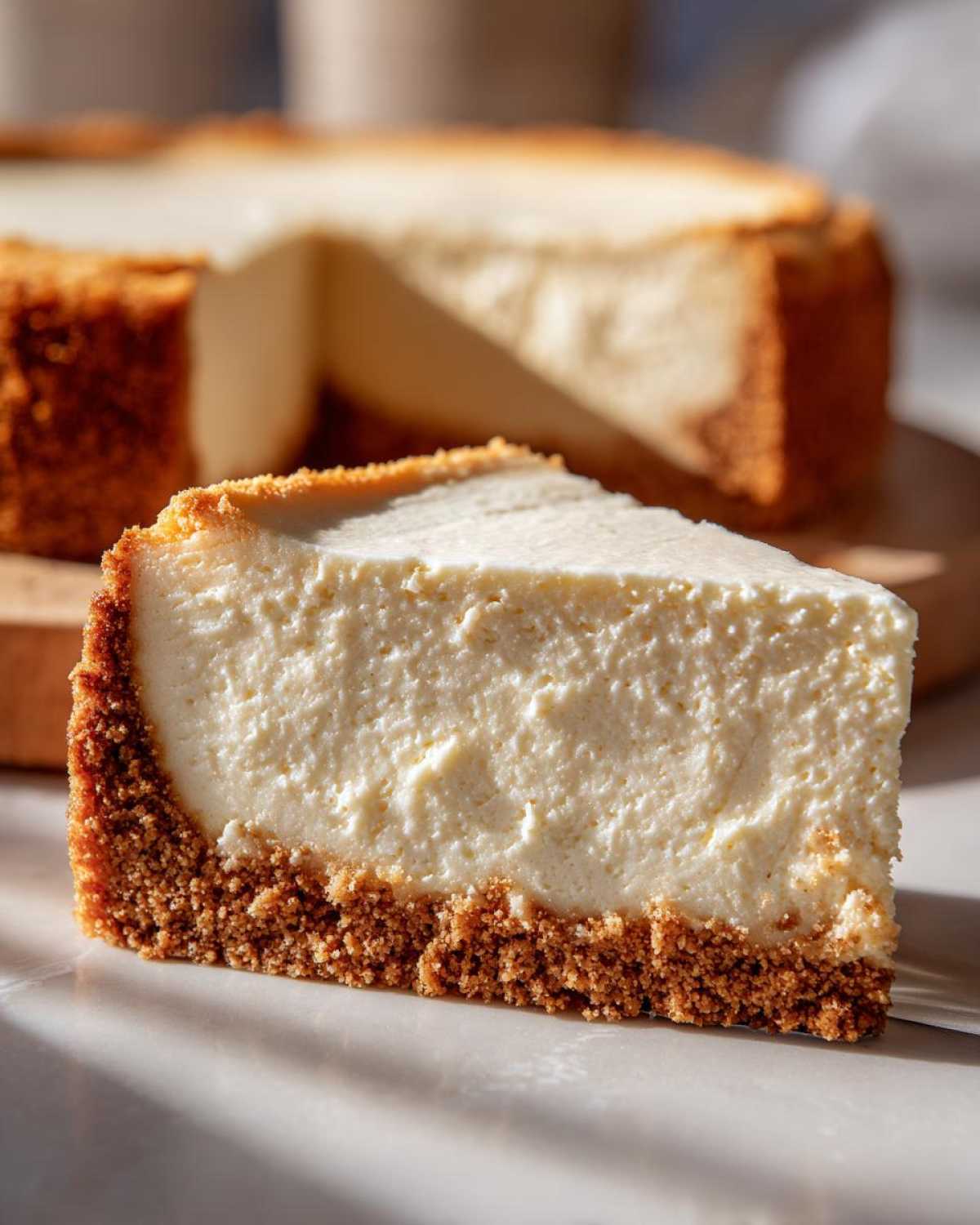 A close-up slice of creamy, baked new york cheesecake showing a thick graham cracker crust.