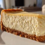 Close-up of a thick slice of creamy new york cheesecake showing the dense texture and graham cracker crust.