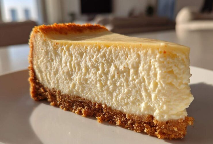Close-up of a thick slice of creamy new york cheesecake showing the dense texture and graham cracker crust.