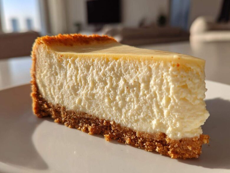 Close-up of a thick slice of creamy new york cheesecake showing the dense texture and graham cracker crust.
