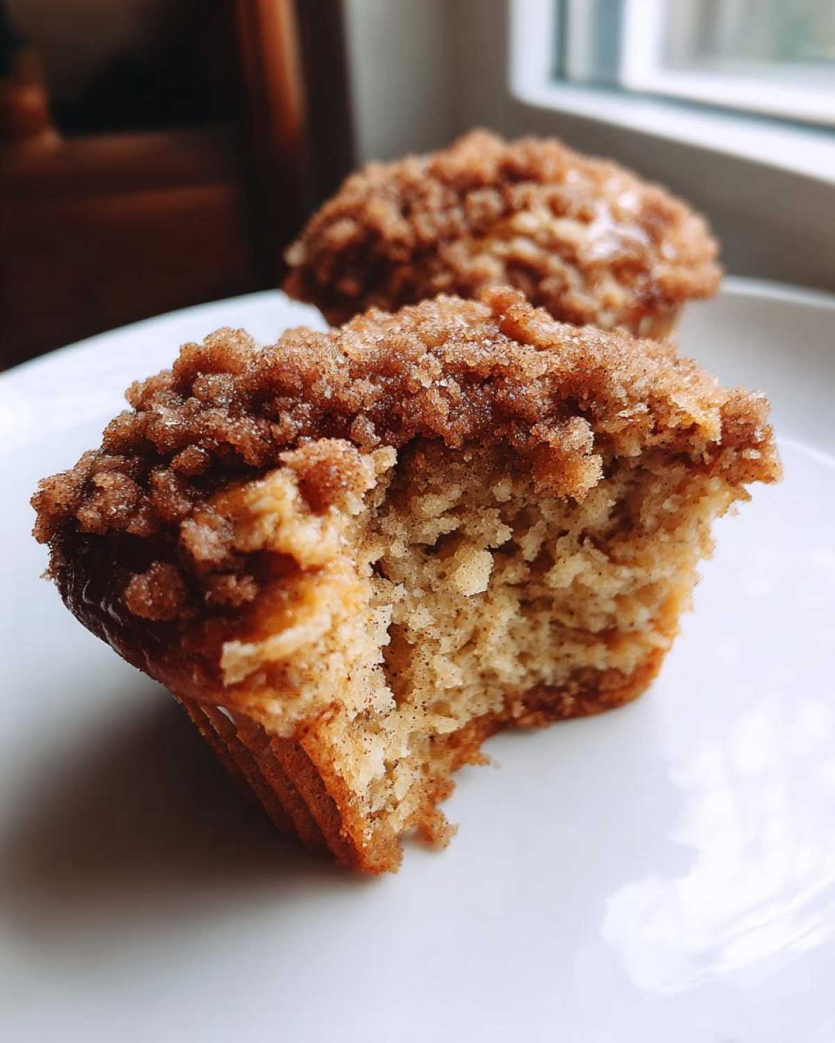 A close-up of an oatmeal muffin broken in half, showing a moist interior and a thick, sugary crumb topping.