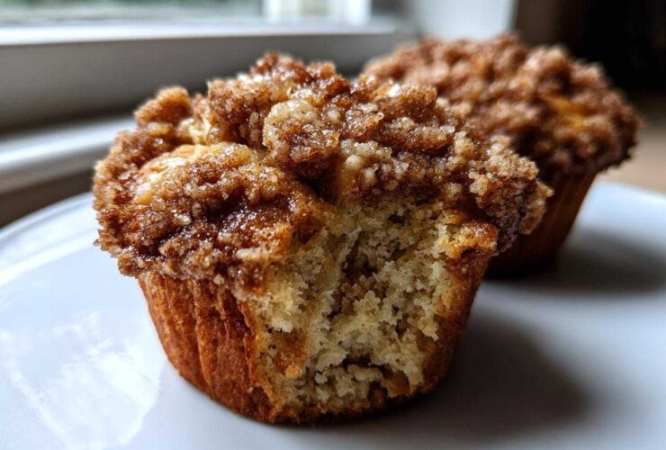 Close-up of a delicious oatmeal muffins with a thick, sugary cinnamon crumb topping, one muffin is partially eaten.