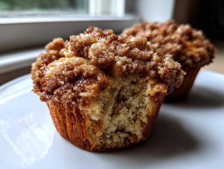 Close-up of a delicious oatmeal muffins with a thick, sugary cinnamon crumb topping, one muffin is partially eaten.