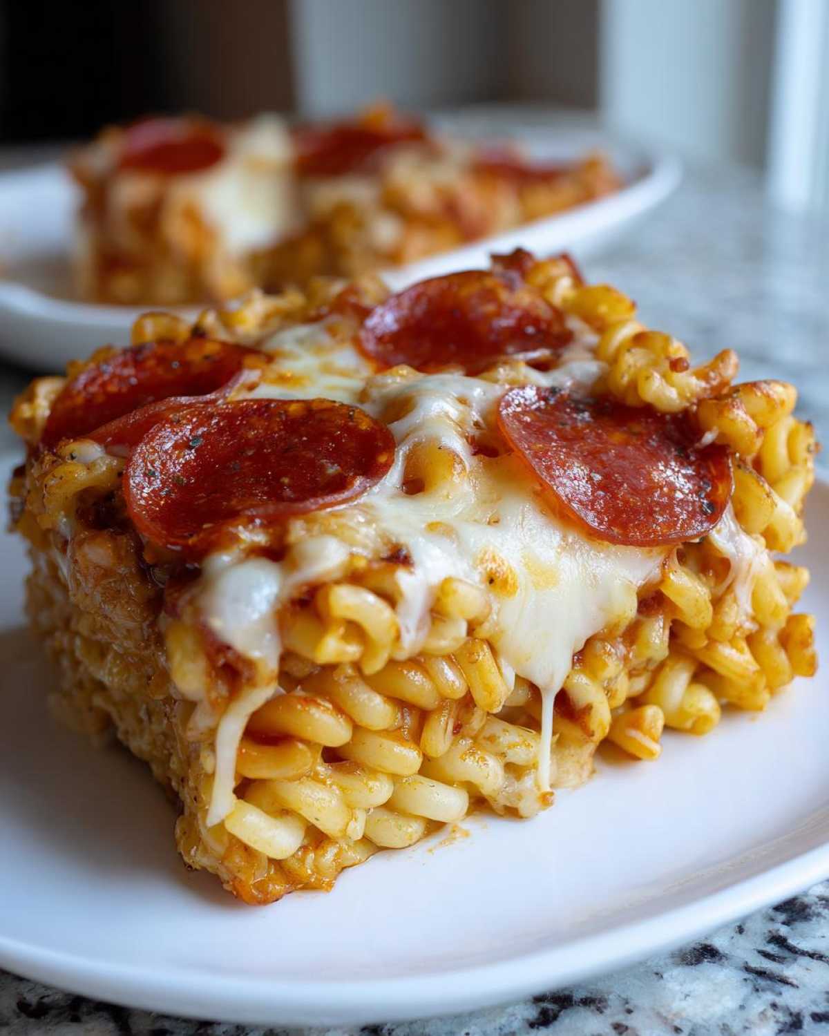 Close-up of a square slice of baked pizza pasta topped with melted mozzarella and pepperoni slices.
