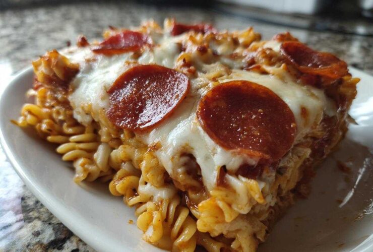 Close-up of a serving of baked pizza pasta featuring rotini noodles, melted mozzarella, and pepperoni slices.