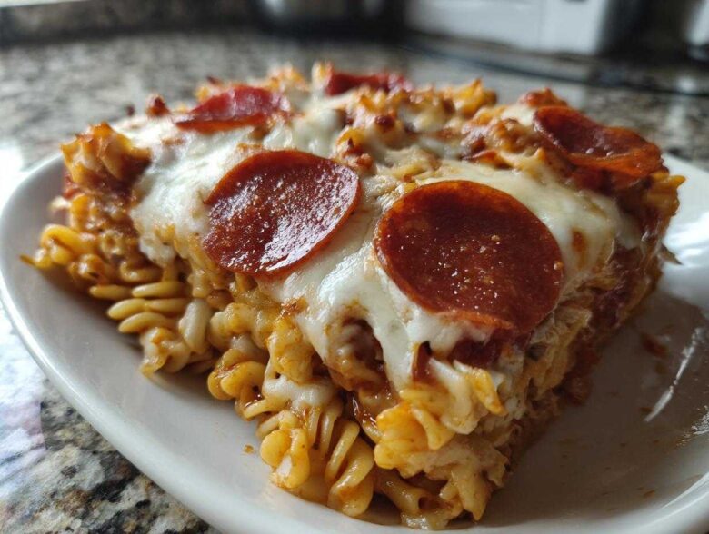 Close-up of a serving of baked pizza pasta featuring rotini noodles, melted mozzarella, and pepperoni slices.