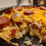 Close-up of cheesy one-pot sausage and rice dish topped with sliced smoked sausage.
