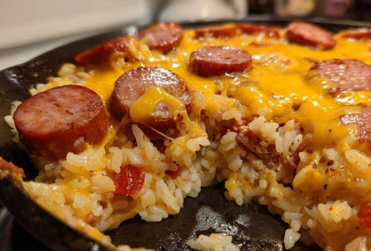 Close-up of cheesy one-pot sausage and rice dish topped with sliced smoked sausage.