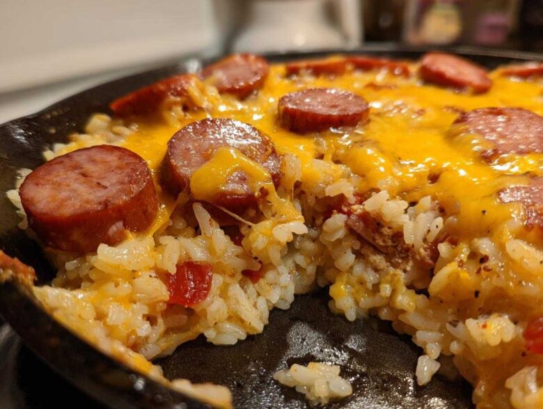 Close-up of cheesy one-pot sausage and rice dish topped with sliced smoked sausage.