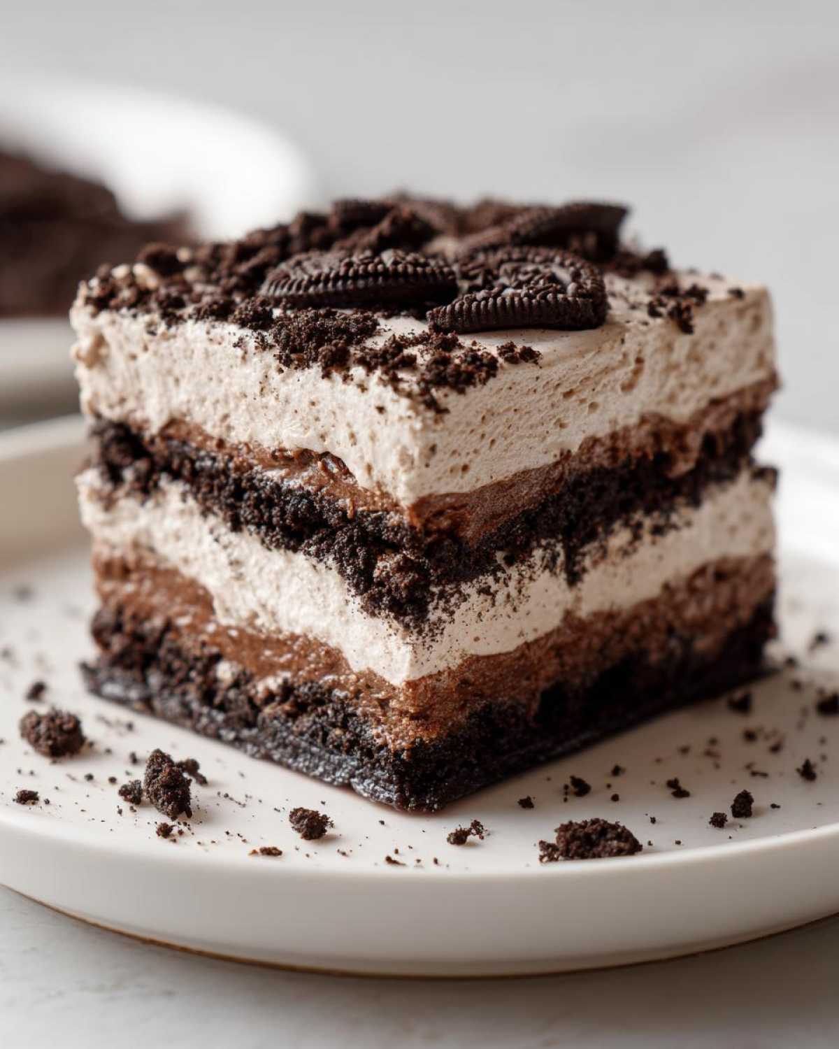 A layered square slice of Oreo dirt cake with cream and chocolate pudding layers, topped with cookie crumbs.