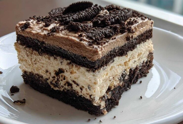 A layered slice of Oreo dirt cake featuring chocolate cake, creamy filling, and crushed cookies on top.