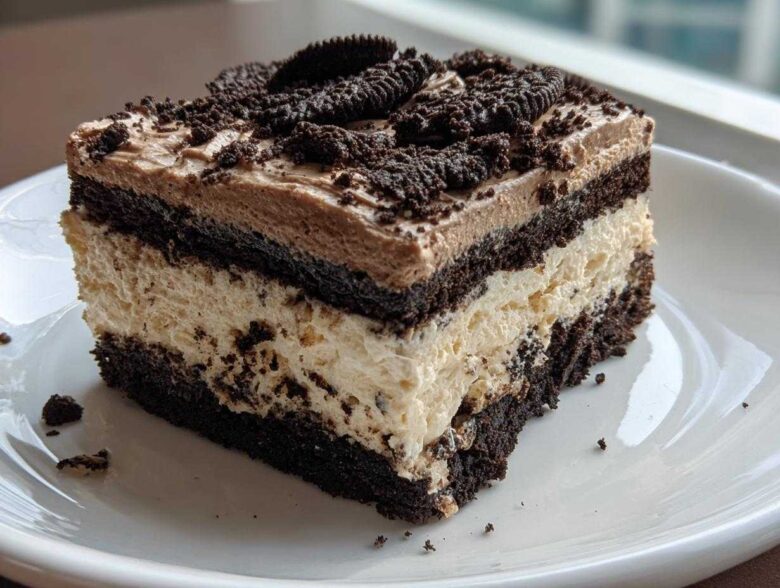 A layered slice of Oreo dirt cake featuring chocolate cake, creamy filling, and crushed cookies on top.