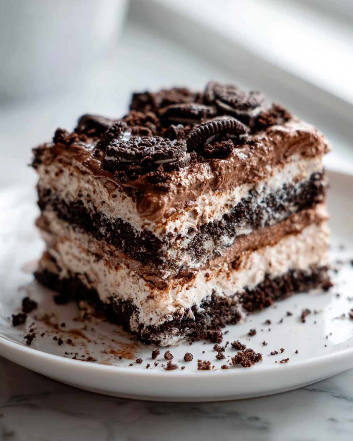 A rich, layered slice of Oreo dirt cake featuring chocolate and cream layers, topped with crushed Oreos.