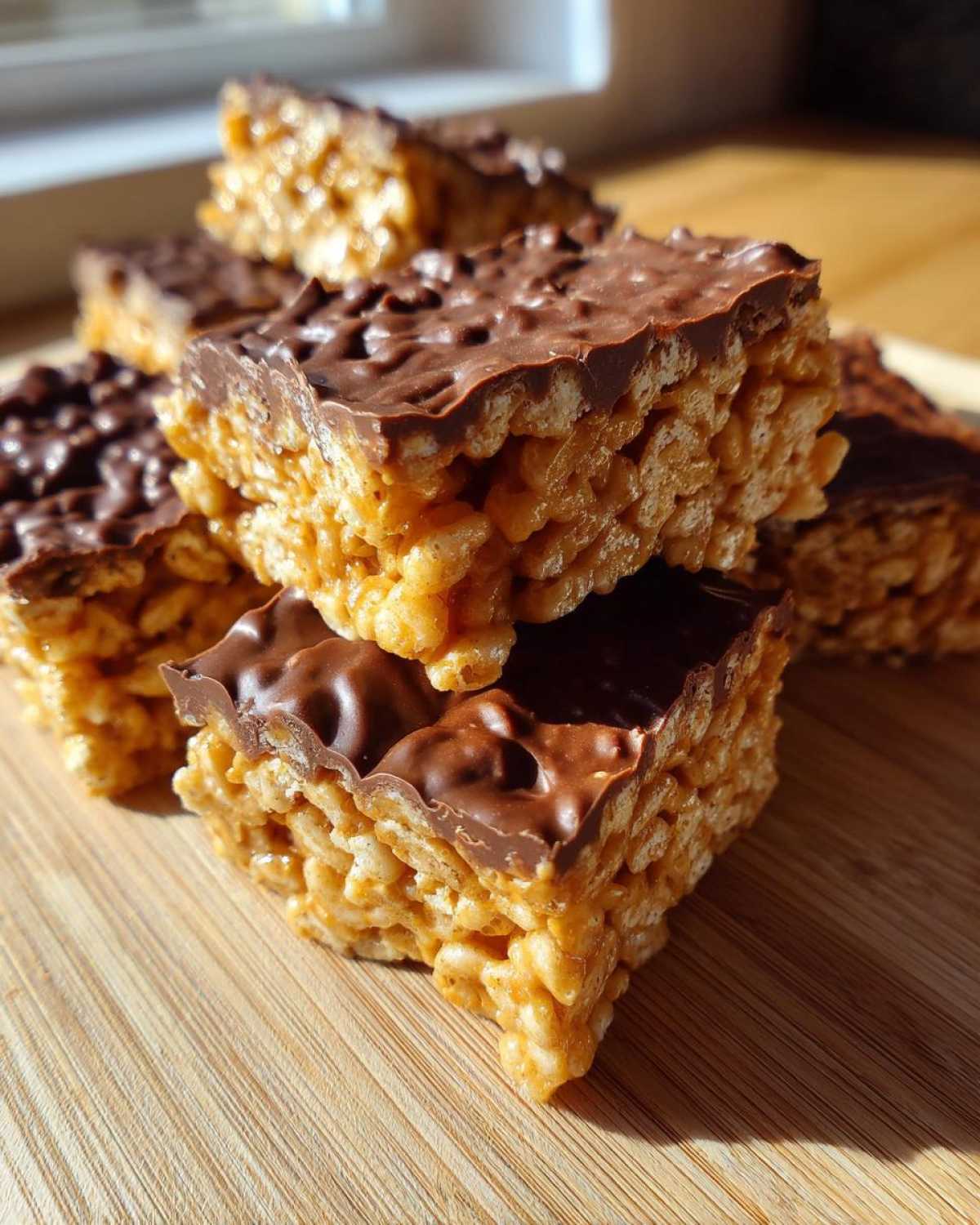 A stack of rich peanut butter rice krispie treats topped with a layer of melted chocolate.