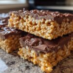 Close-up of stacked peanut butter rice krispie treats topped with a thick layer of melted chocolate.