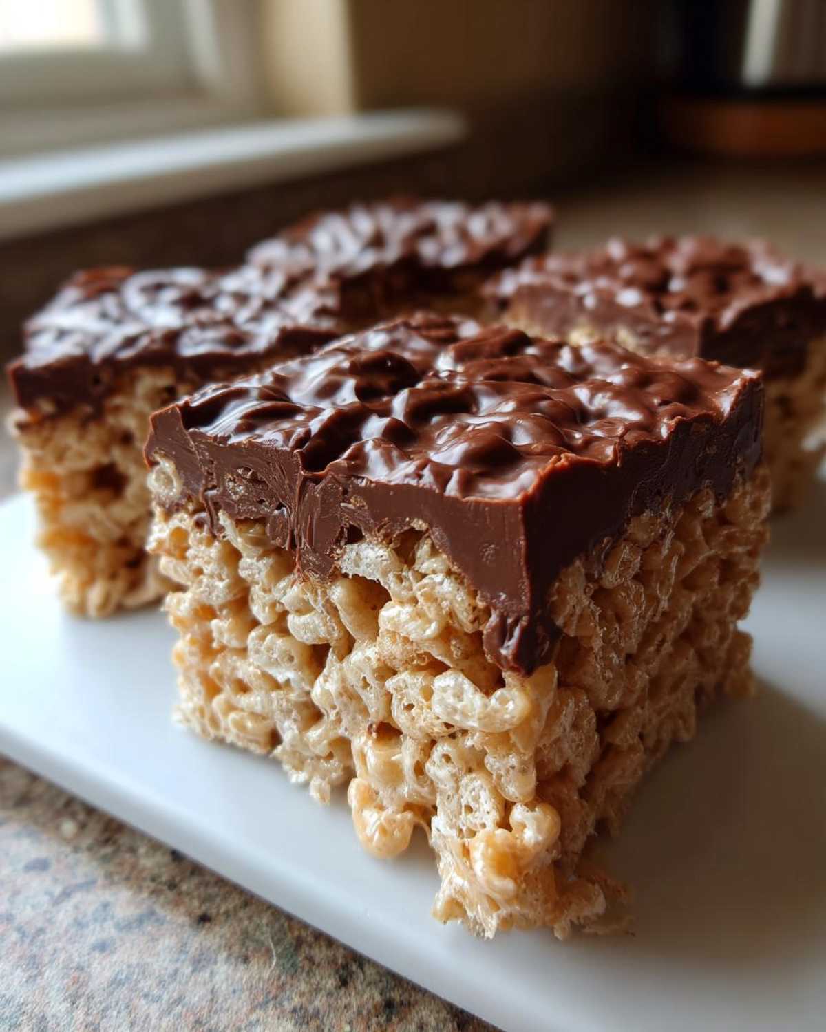 Close-up of thick peanut butter rice krispie treats squares topped with a layer of melted chocolate.